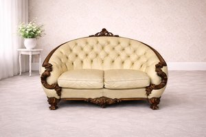 Luxusní pohovka s vyřezávaným dřevěným rámem a koženým čalouněním