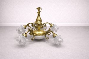 Mosazný lustr s devíti skleněnými květinovými stínidly, styl Secese